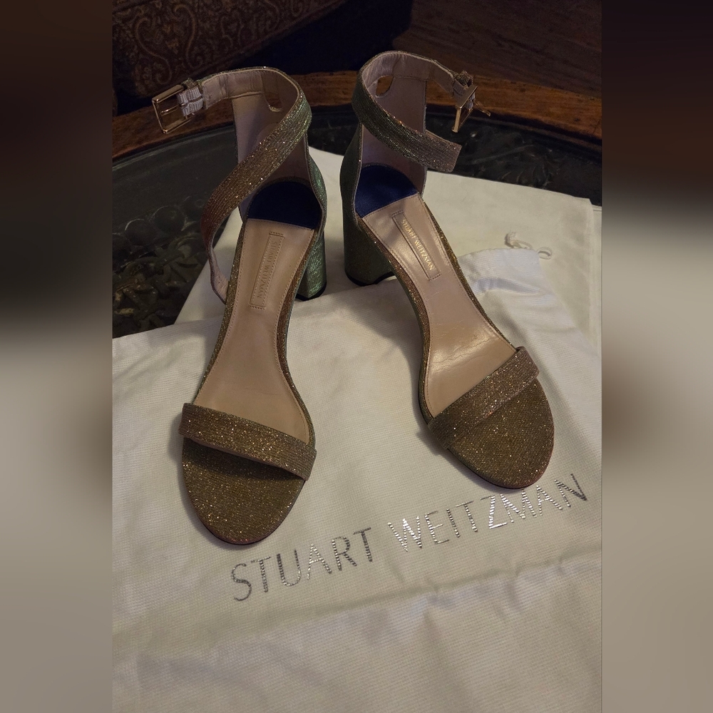 Stuart Weitzman Glitter Ankle-Strap Block Heels in Gold